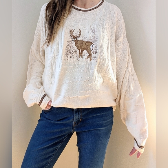 Vintage Sweaters - Vintage Chunky Textured Deer Embroidered Crewneck Sweater In Ivory